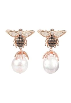 Latelita Baroque Pearl Honey Bee Drop Earrings Rosegold