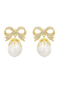Latelita Baroque Pearl Ribbon And Bows Drop Earrings Gold