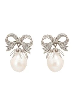 Latelita Baroque Pearl Ribbon And Bows Drop Earrings Silver