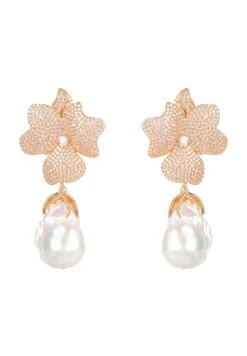 Latelita Baroque Pearl White Flower Drop Earrings Rosegold