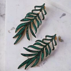 Latelita Feathered Leaf Statement Drop Earrings Green Cz -Latelitla Store feathered leaf statement drop earrings green cz 122078