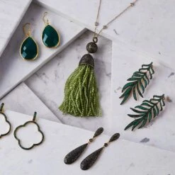 Latelita Feathered Leaf Statement Drop Earrings Green Cz -Latelitla Store feathered leaf statement drop earrings green cz 204406