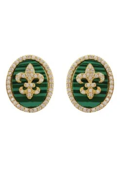Latelita Fleur De Lys Oval Malachite Earrings Gold