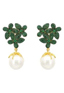 Latelita Flowers Baroque Pearl Earrings Emerald Green Gold