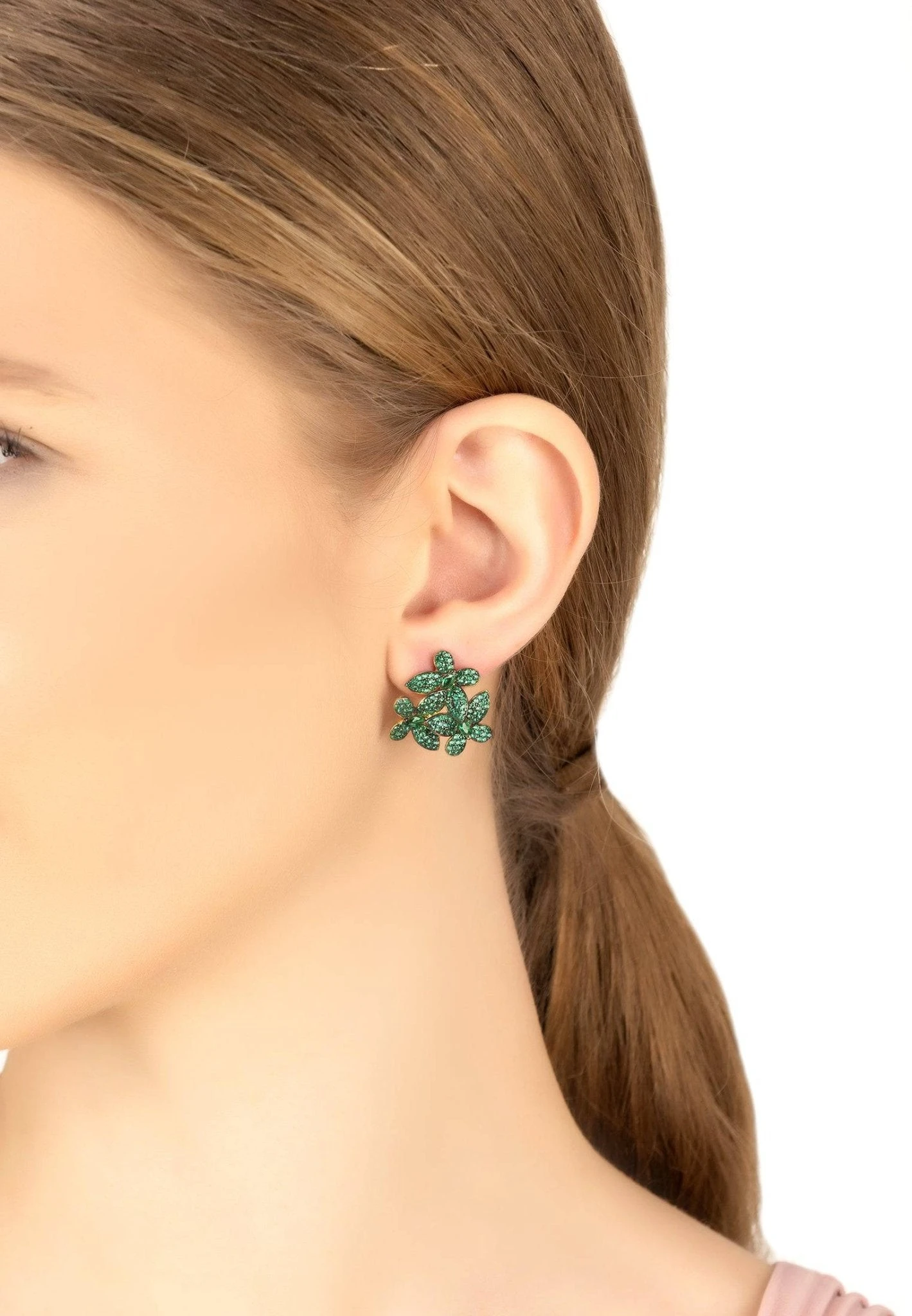 Latelita Flowers Large Stud Earrings Gold Emerald Green 4 Latelita Flowers Large Stud Earrings Gold Emerald Green - Image 2