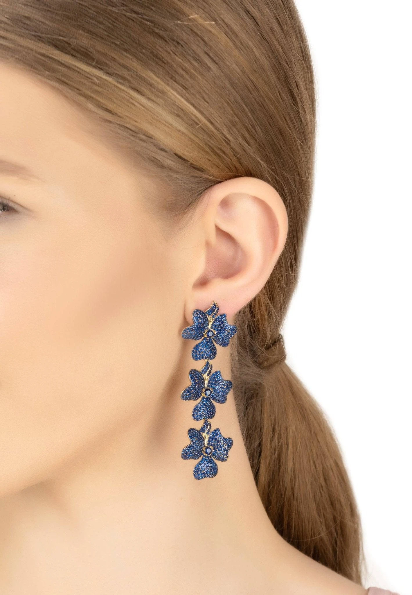 Latelita Jasmine Flower Triple Drop Earrings Gold Sapphire Blue 4 Latelita Jasmine Flower Triple Drop Earrings Gold Sapphire Blue - Image 2
