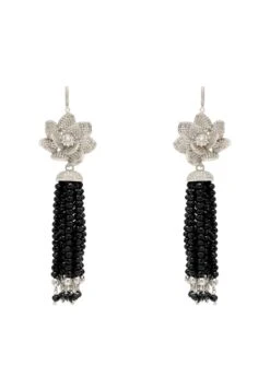 Latelita Lotus Flower Tassel Black Spinel Earrings Silver