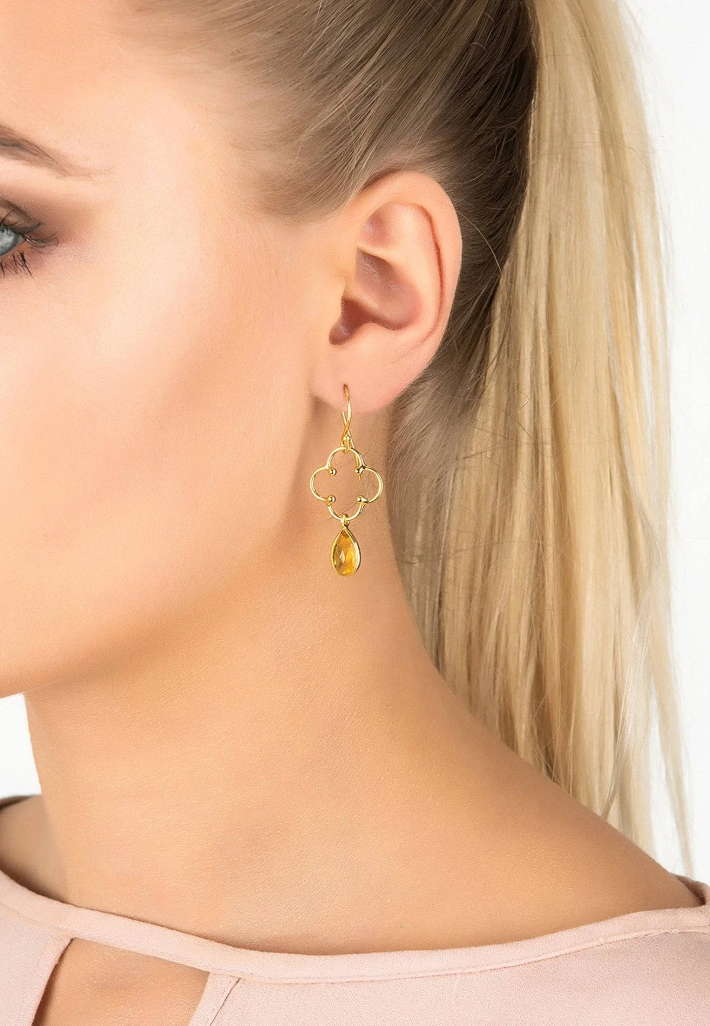 Latelita Open Clover Gemstone Drop Earrings Gold Citrine 4 Latelita Open Clover Gemstone Drop Earrings Gold Citrine - Image 2