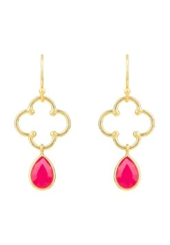 Latelita Open Clover Gemstone Drop Earrings Gold Fuchsia Pink Chalcedony