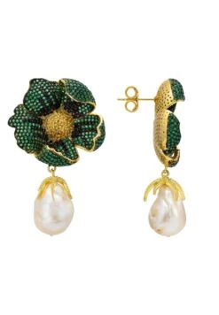 Latelita Poppy Flower Baroque Pearl Earrings Emerald Green Gold -Latelitla Store poppy flower baroque pearl earrings emerald green gold 456389