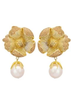 Latelita Poppy Flower Baroque Pearl Earrings Lemon Gold